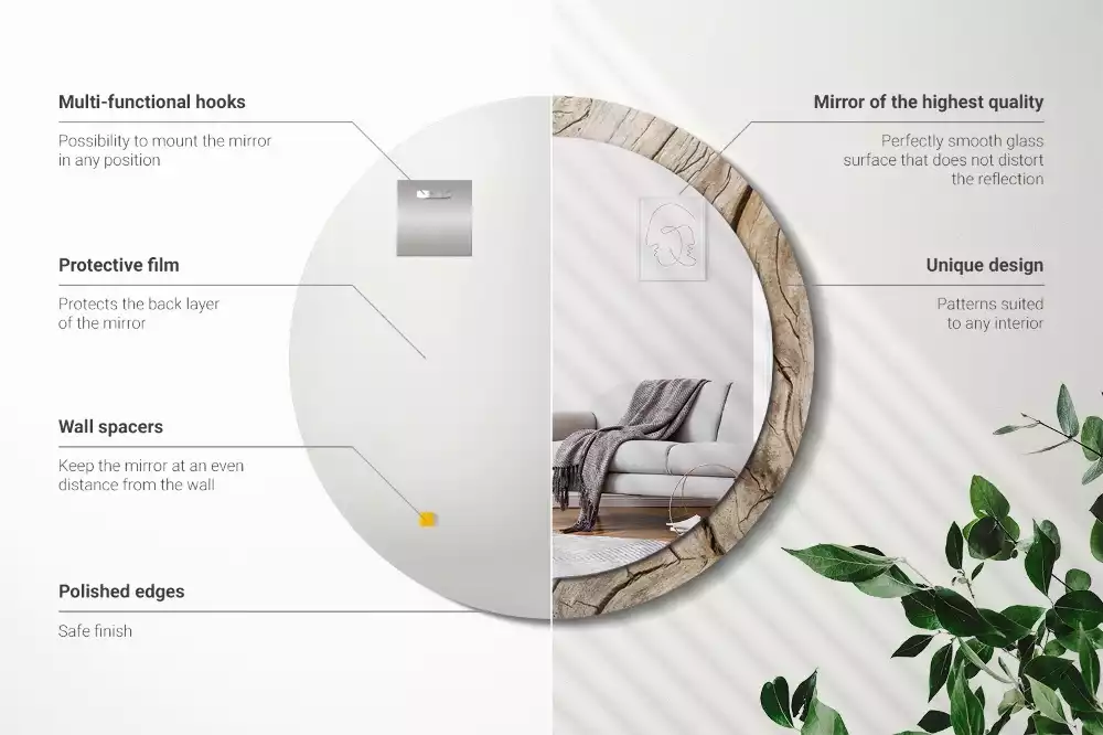 Lustro ścienne dekoracyjne o okrągłym kształcie z motywem pękniętego drewna