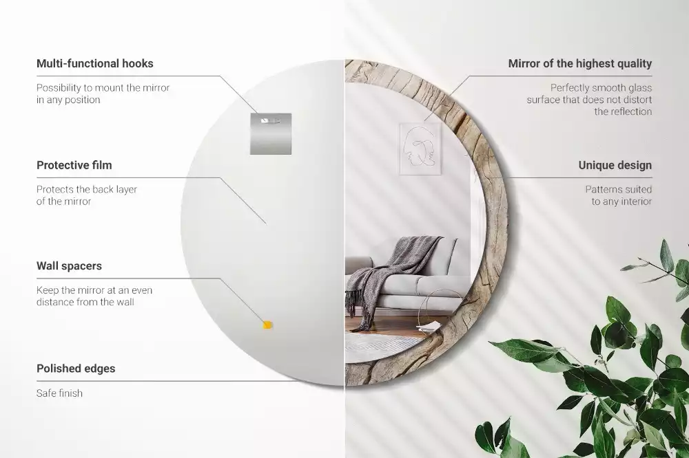 Lustro ścienne dekoracyjne o okrągłym kształcie z motywem pękniętego drewna