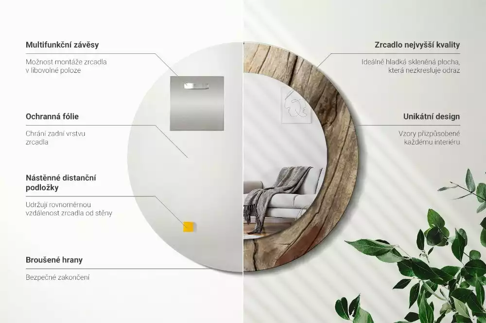 Lustro ścienne dekoracyjne o okrągłym kształcie z motywem pękniętego drewna