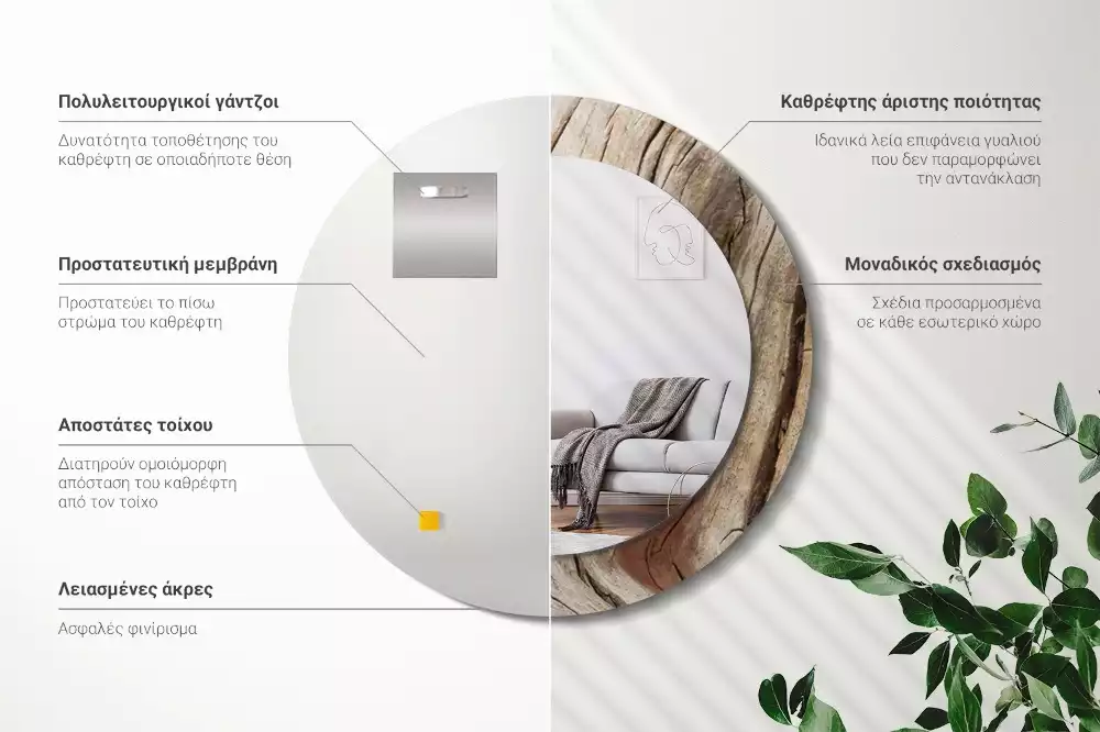 Lustro ścienne dekoracyjne o okrągłym kształcie z motywem pękniętego drewna