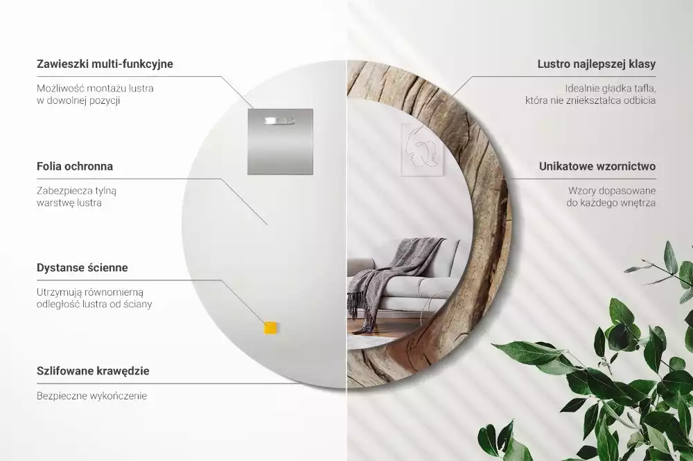 Lustro ścienne dekoracyjne o okrągłym kształcie z motywem pękniętego drewna