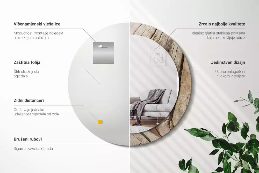 Lustro ścienne dekoracyjne o okrągłym kształcie z motywem pękniętego drewna