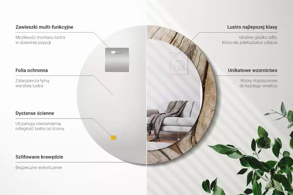 Lustro ścienne dekoracyjne o okrągłym kształcie z motywem pękniętego drewna