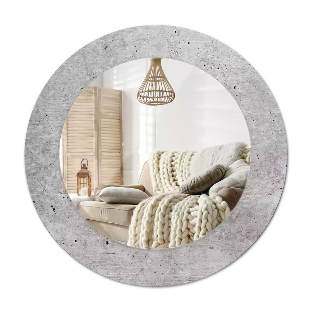Lustro z ramą z nadrukiem w kolorze szarego betonu o okrągłym kształcie