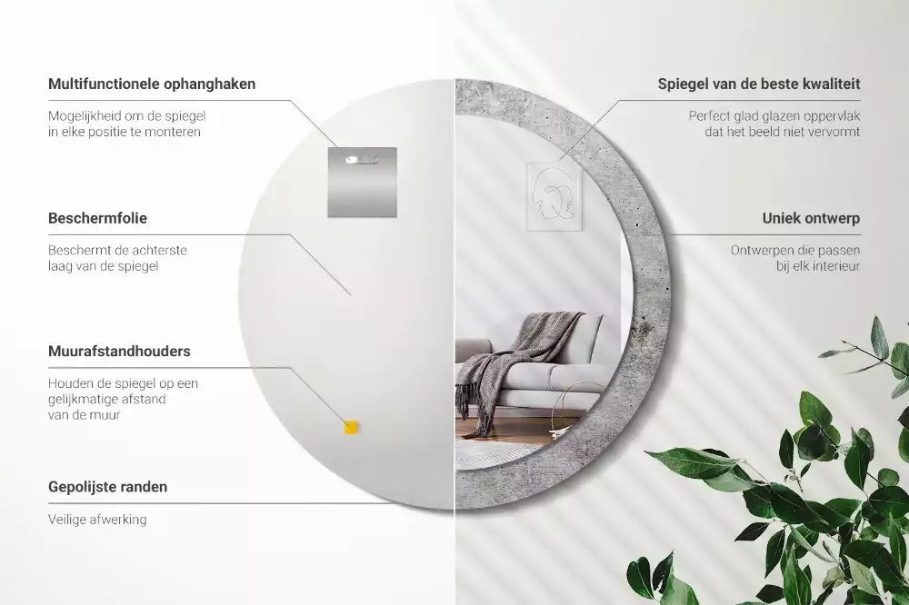 Lustro z ramą z nadrukiem w kolorze szarego betonu o okrągłym kształcie