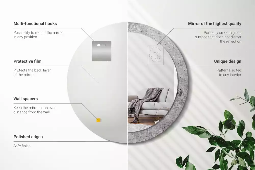 Lustro z ramą z nadrukiem w kolorze szarego betonu o okrągłym kształcie