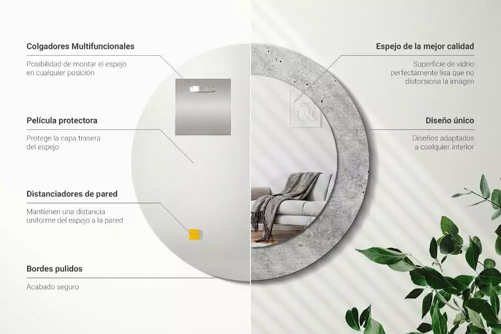 Lustro z ramą z nadrukiem w kolorze szarego betonu o okrągłym kształcie