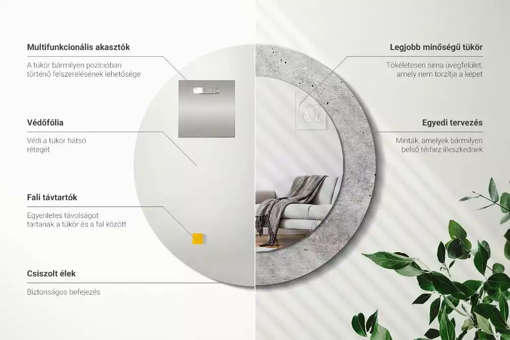 Lustro z ramą z nadrukiem w kolorze szarego betonu o okrągłym kształcie