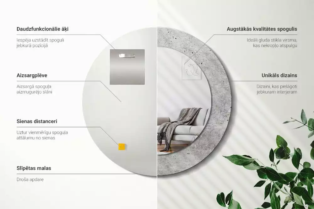 Lustro z ramą z nadrukiem w kolorze szarego betonu o okrągłym kształcie