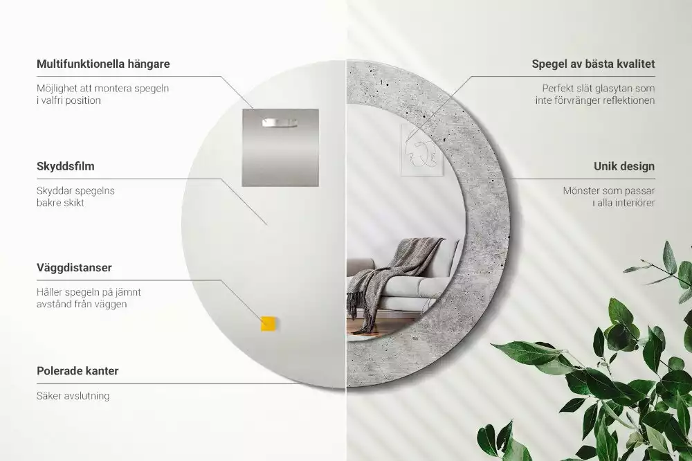 Lustro z ramą z nadrukiem w kolorze szarego betonu o okrągłym kształcie