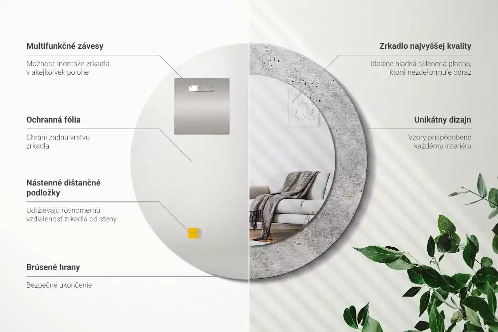 Lustro z ramą z nadrukiem w kolorze szarego betonu o okrągłym kształcie