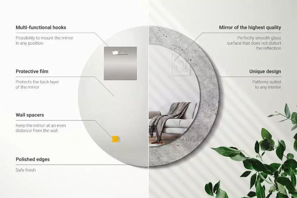 Lustro z ramą z nadrukiem w kolorze szarego betonu o okrągłym kształcie