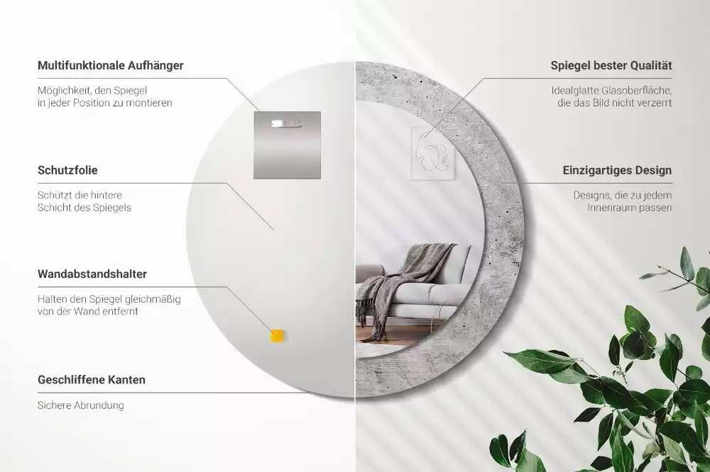 Lustro z ramą z nadrukiem w kolorze szarego betonu o okrągłym kształcie