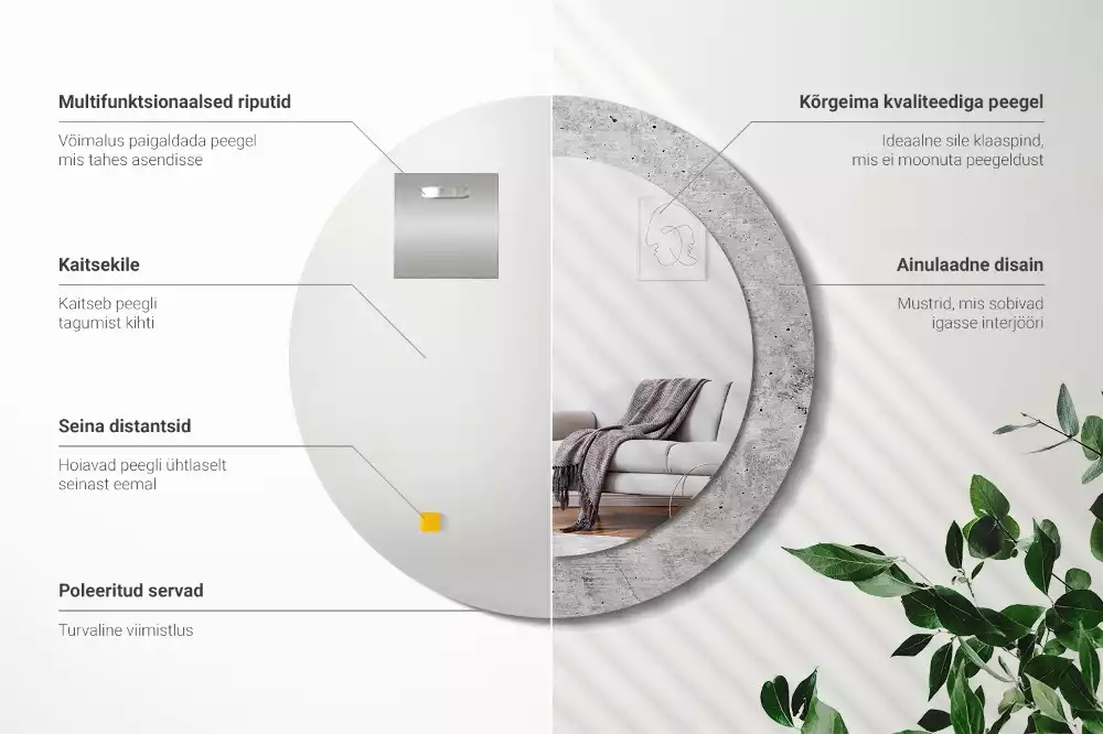 Lustro z ramą z nadrukiem w kolorze szarego betonu o okrągłym kształcie