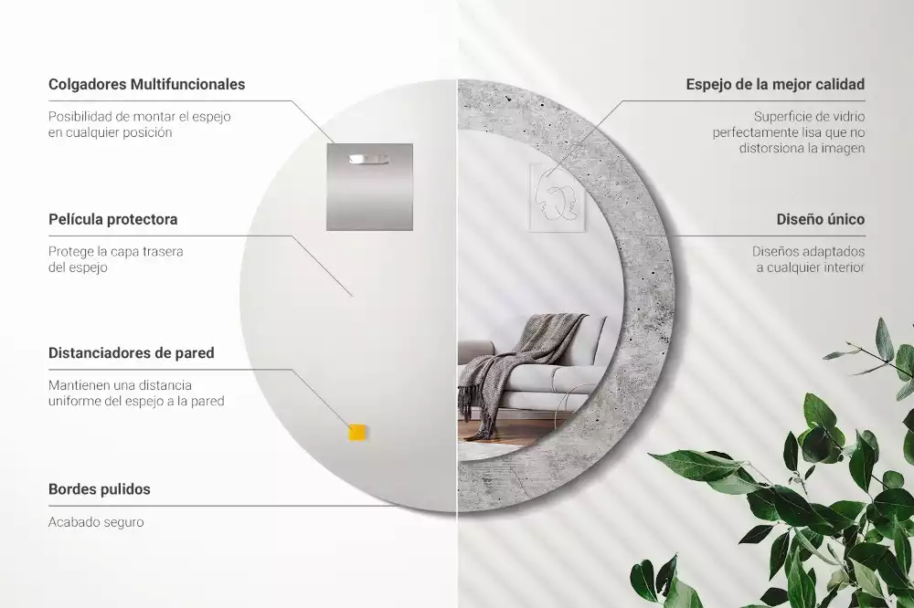 Lustro z ramą z nadrukiem w kolorze szarego betonu o okrągłym kształcie