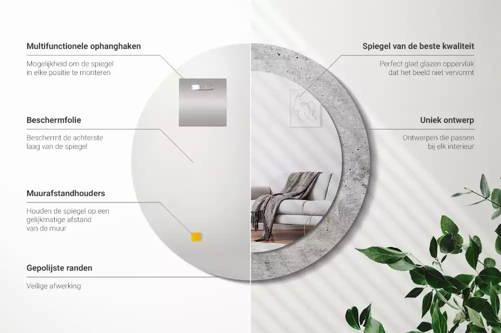 Lustro z ramą z nadrukiem w kolorze szarego betonu o okrągłym kształcie