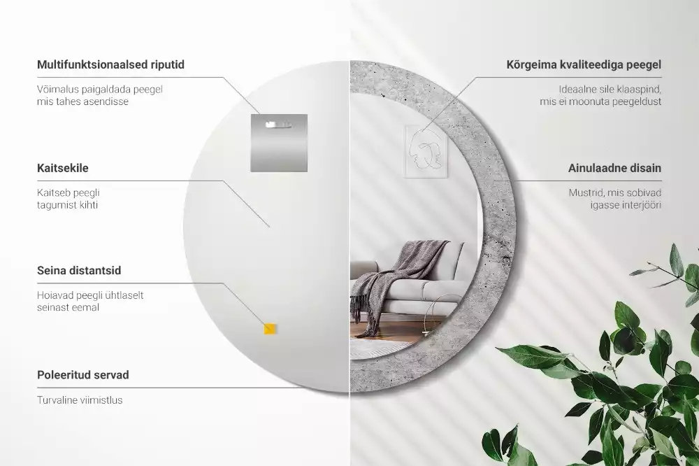 Lustro z ramą z nadrukiem w kolorze szarego betonu o okrągłym kształcie