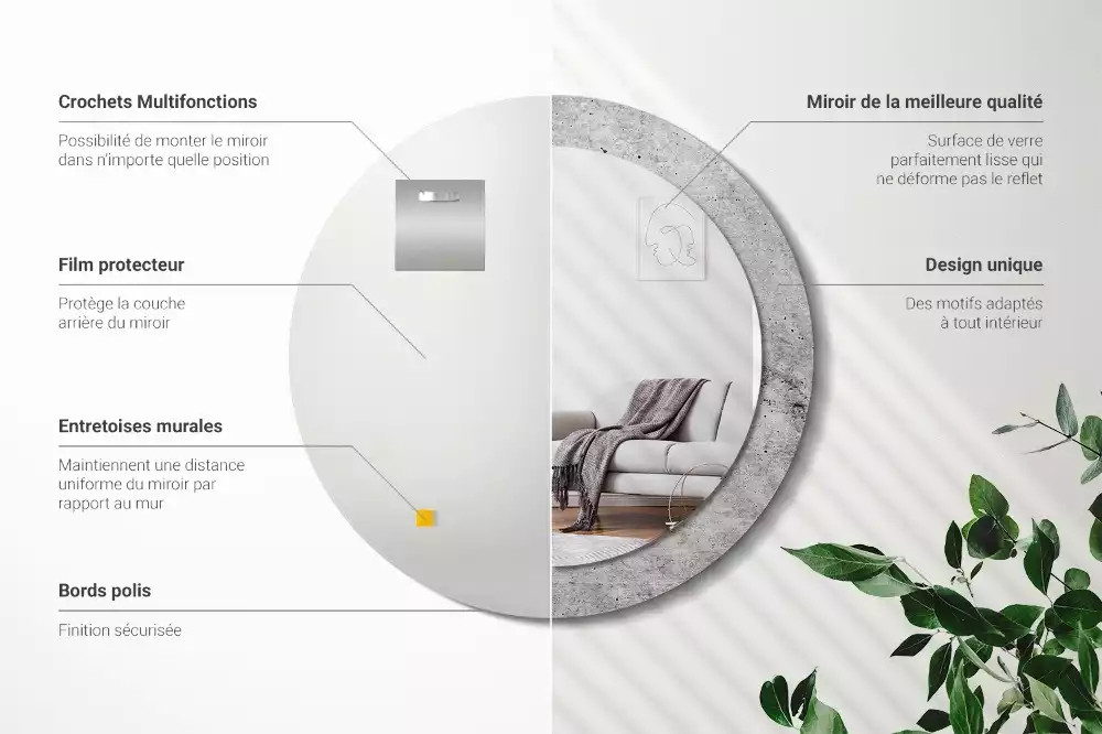 Lustro z ramą z nadrukiem w kolorze szarego betonu o okrągłym kształcie