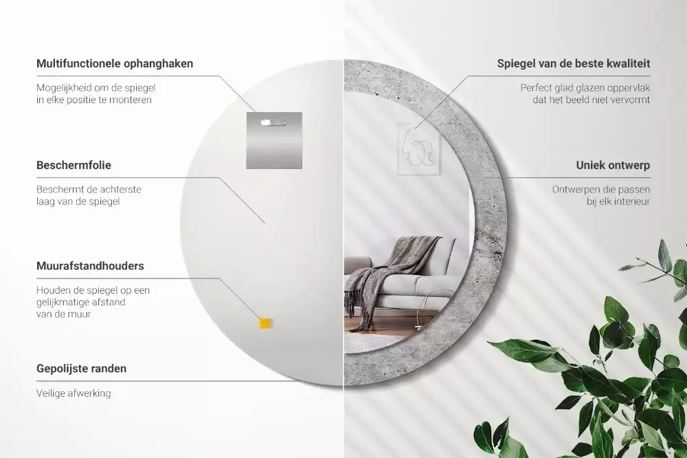 Lustro z ramą z nadrukiem w kolorze szarego betonu o okrągłym kształcie