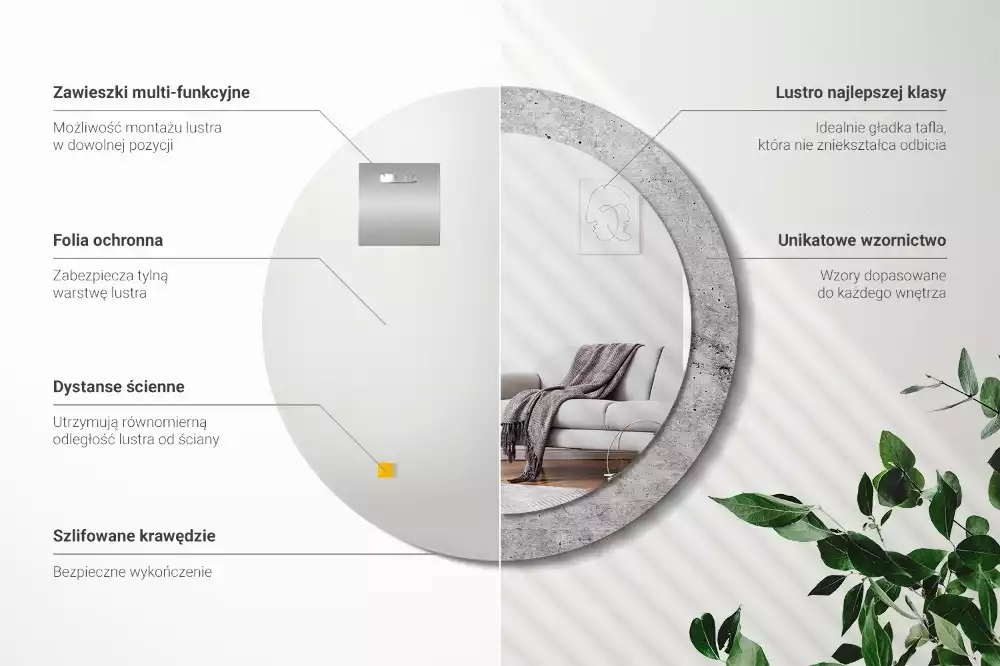 Lustro z ramą z nadrukiem w kolorze szarego betonu o okrągłym kształcie