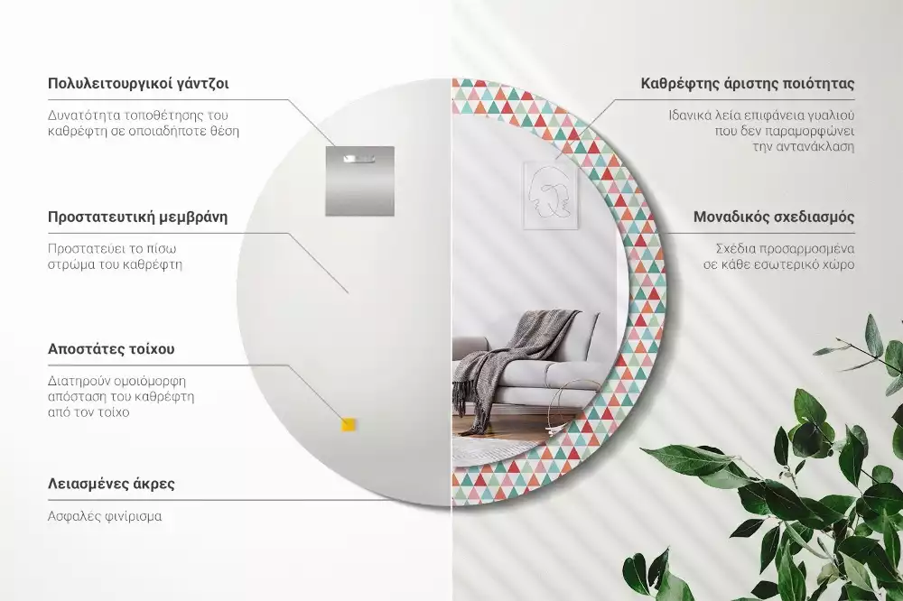 Lustro ścienne dekoracyjne o okrągłym kształcie z geometrycznym wzorem