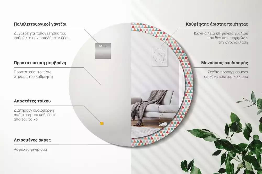 Lustro ścienne dekoracyjne o okrągłym kształcie z geometrycznym wzorem