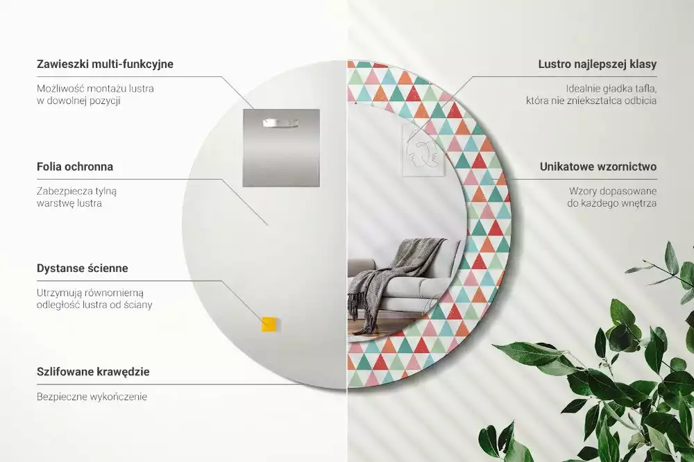 Lustro ścienne dekoracyjne o okrągłym kształcie z geometrycznym wzorem