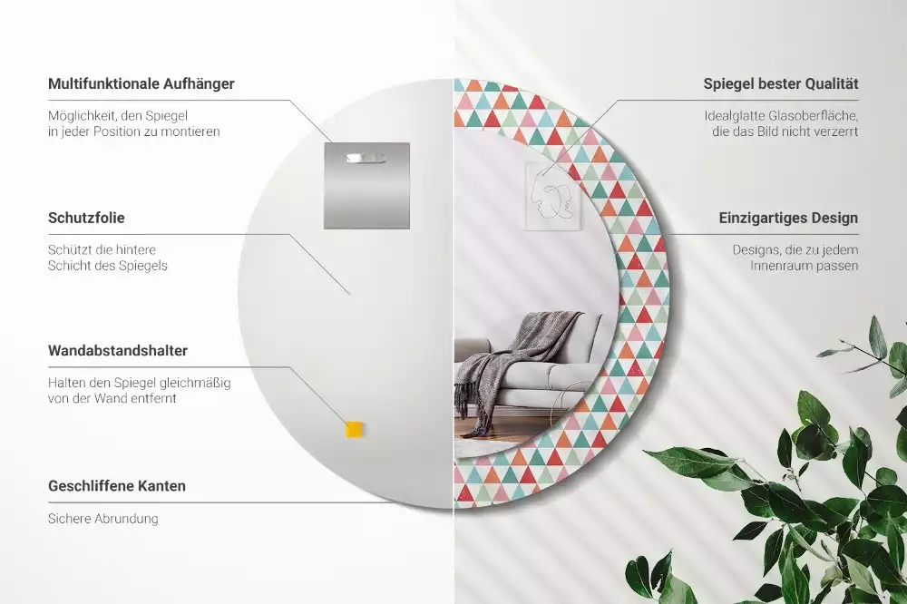 Lustro ścienne dekoracyjne o okrągłym kształcie z geometrycznym wzorem