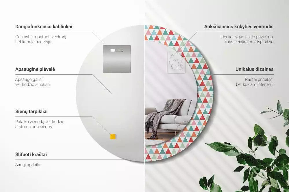 Lustro ścienne dekoracyjne o okrągłym kształcie z geometrycznym wzorem