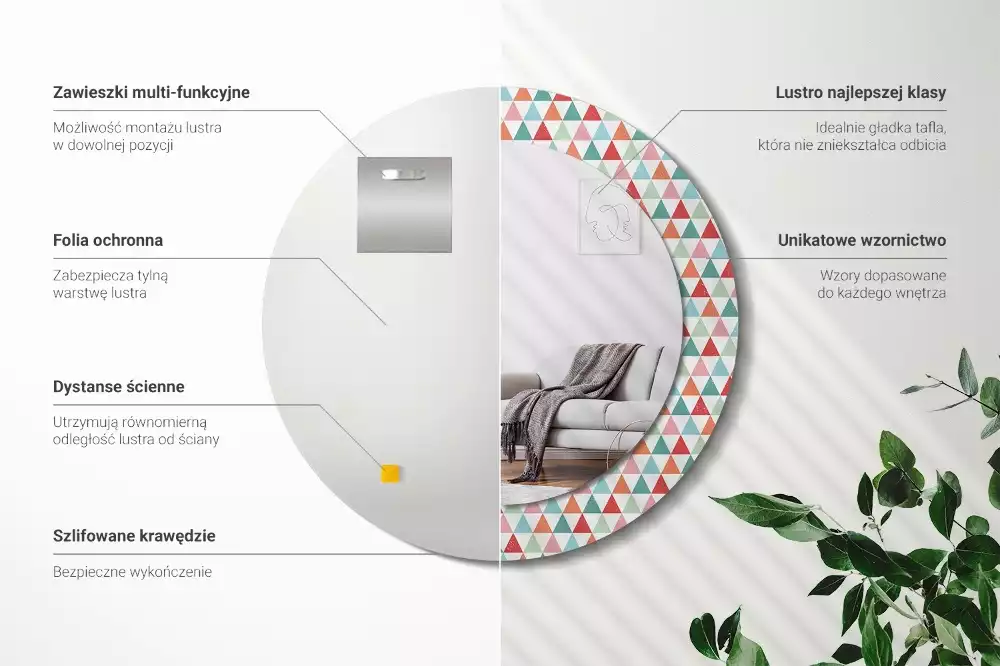 Lustro ścienne dekoracyjne o okrągłym kształcie z geometrycznym wzorem