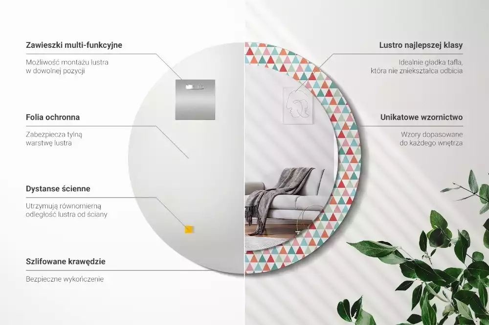 Lustro ścienne dekoracyjne o okrągłym kształcie z geometrycznym wzorem