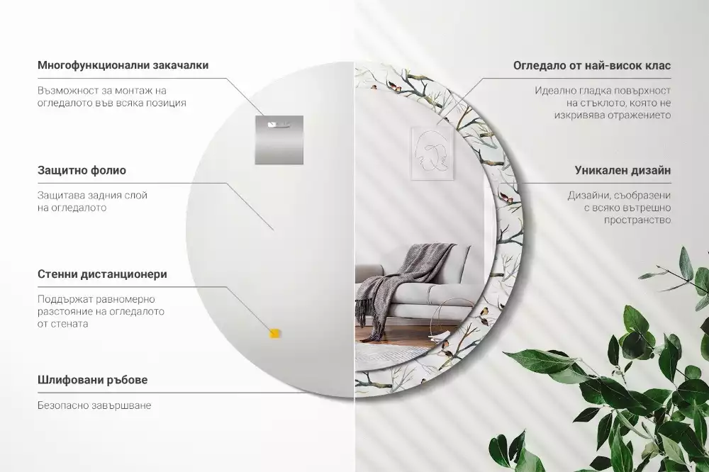 Lustro z drukowaną ramką z motywem wróbelków i gałęzi