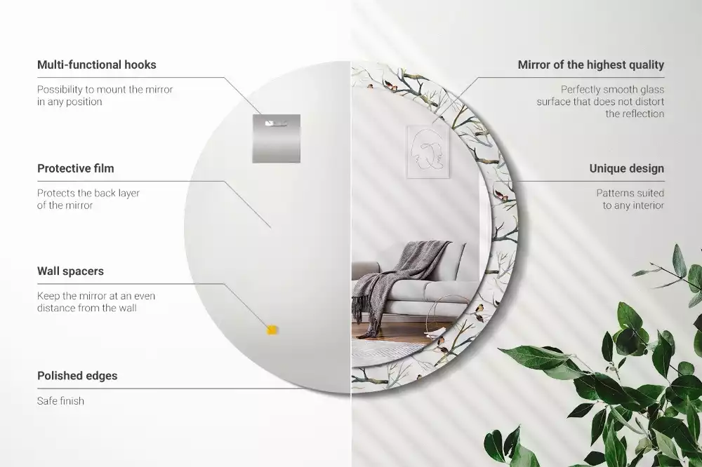 Lustro z drukowaną ramką z motywem wróbelków i gałęzi