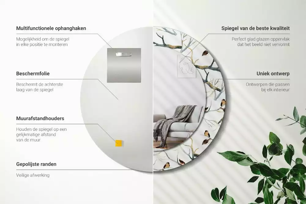 Lustro z drukowaną ramką z motywem wróbelków i gałęzi