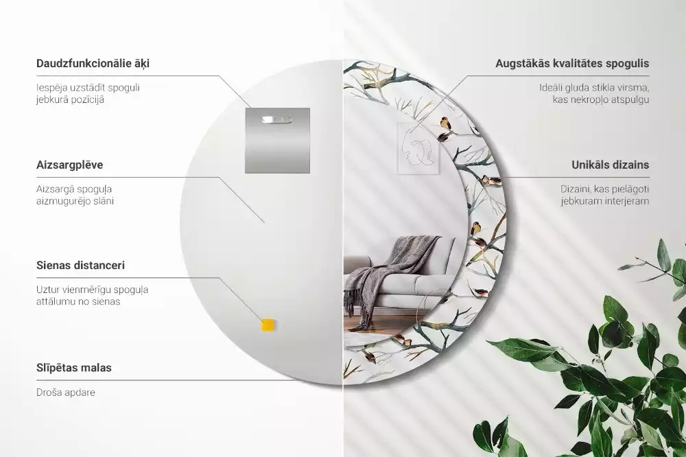 Lustro z drukowaną ramką z motywem wróbelków i gałęzi