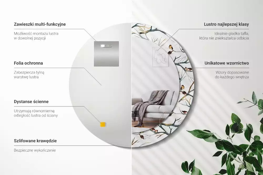 Lustro z drukowaną ramką z motywem wróbelków i gałęzi