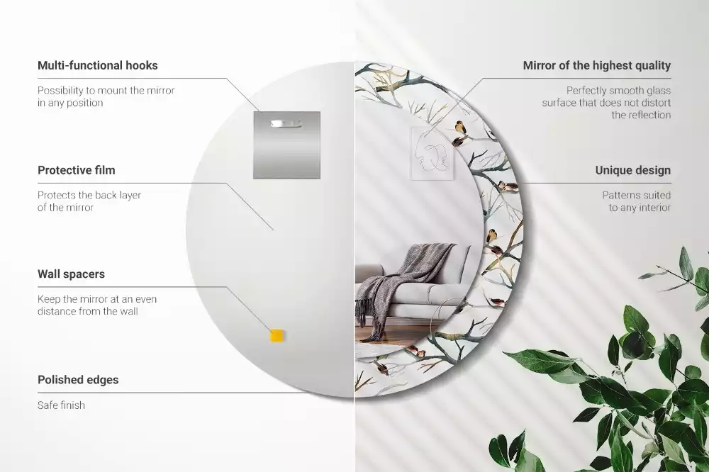 Lustro z drukowaną ramką z motywem wróbelków i gałęzi