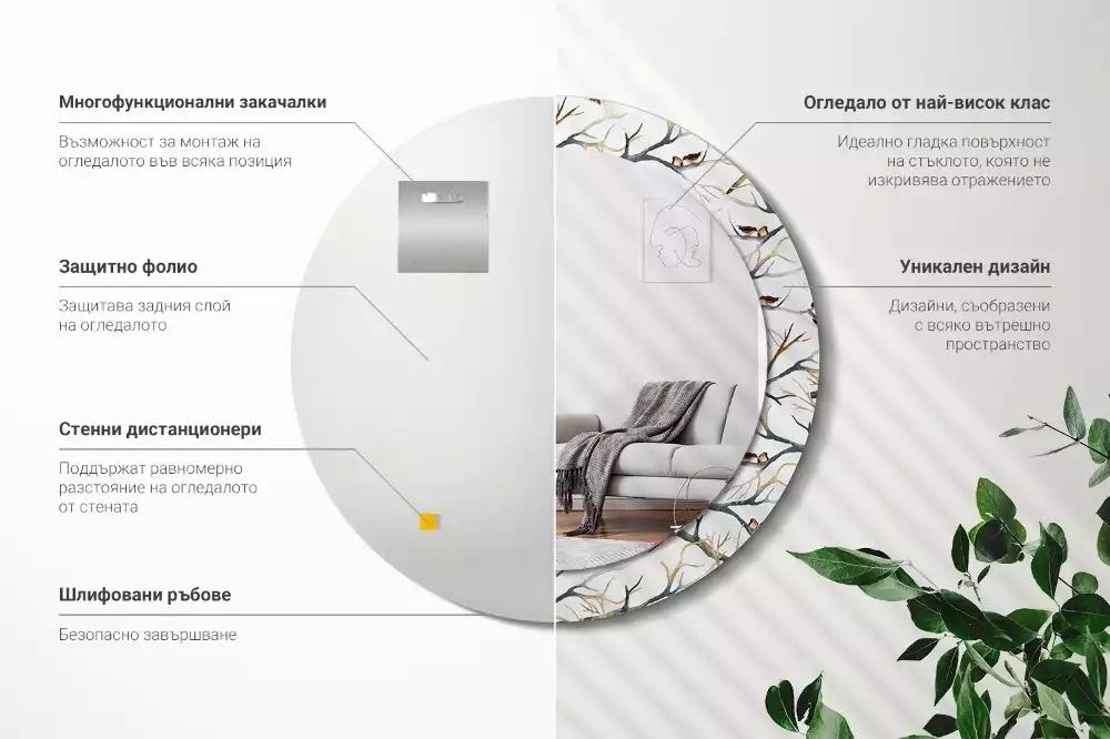 Lustro z drukowaną ramką z motywem wróbelków i gałęzi