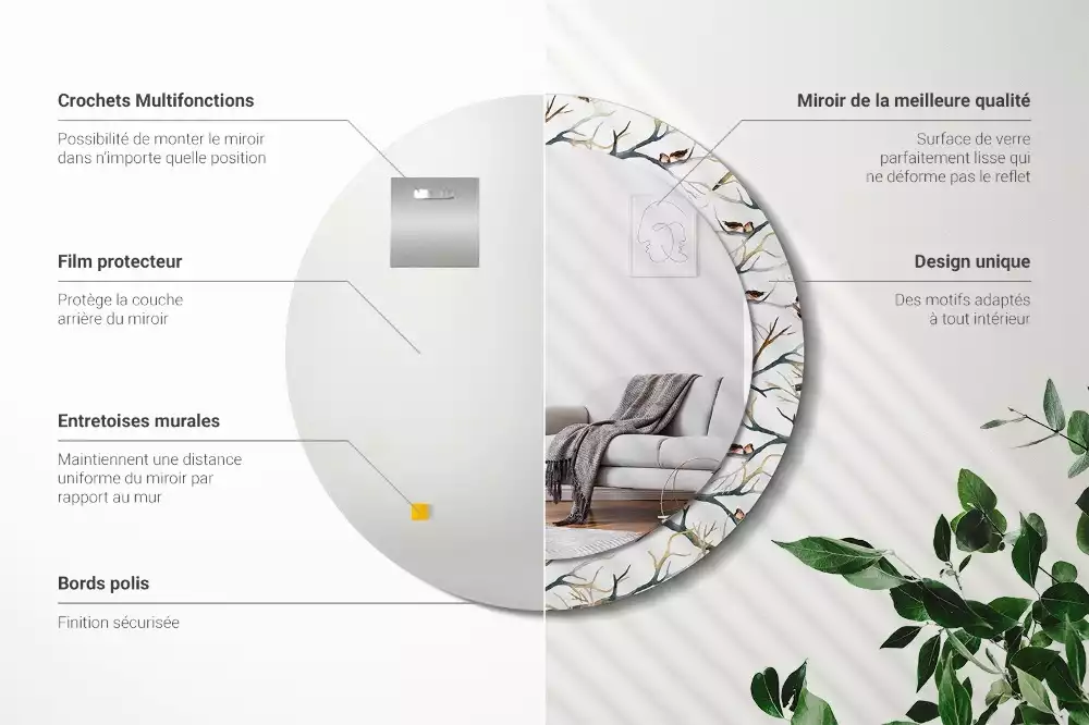 Lustro z drukowaną ramką z motywem wróbelków i gałęzi