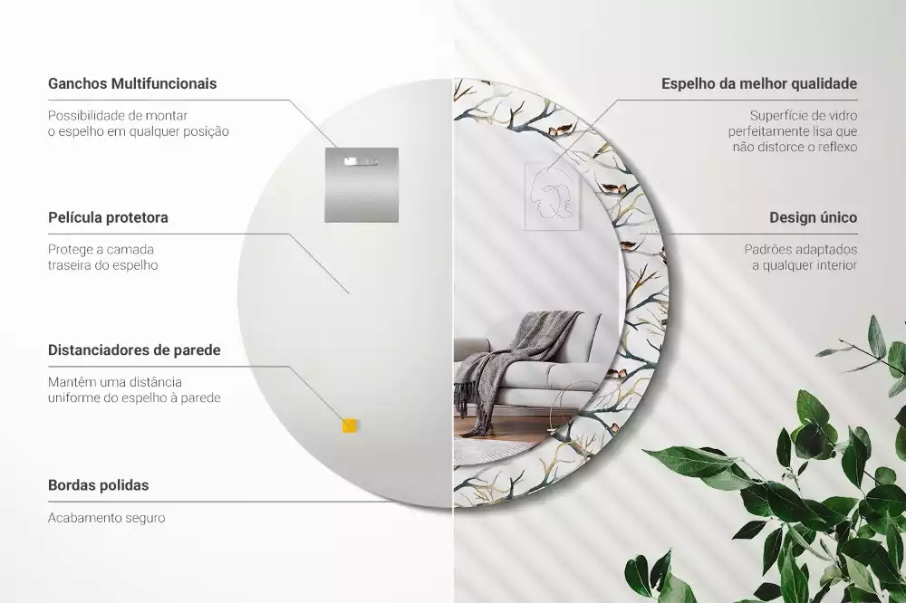 Lustro z drukowaną ramką z motywem wróbelków i gałęzi