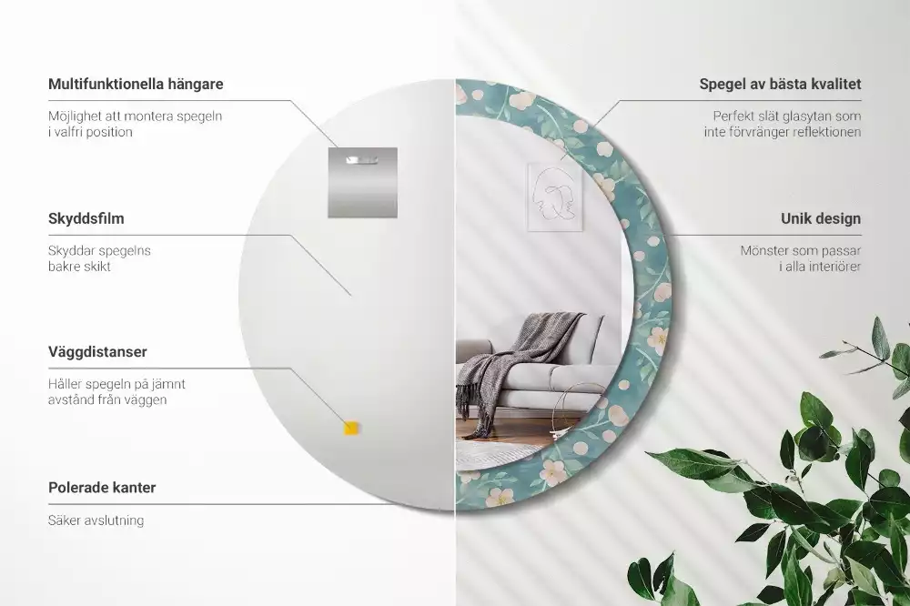 Lustro w ramie z nadrukiem o okrągłym kształcie z kwiatowym wzorem