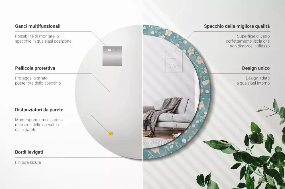 Lustro w ramie z nadrukiem o okrągłym kształcie z kwiatowym wzorem