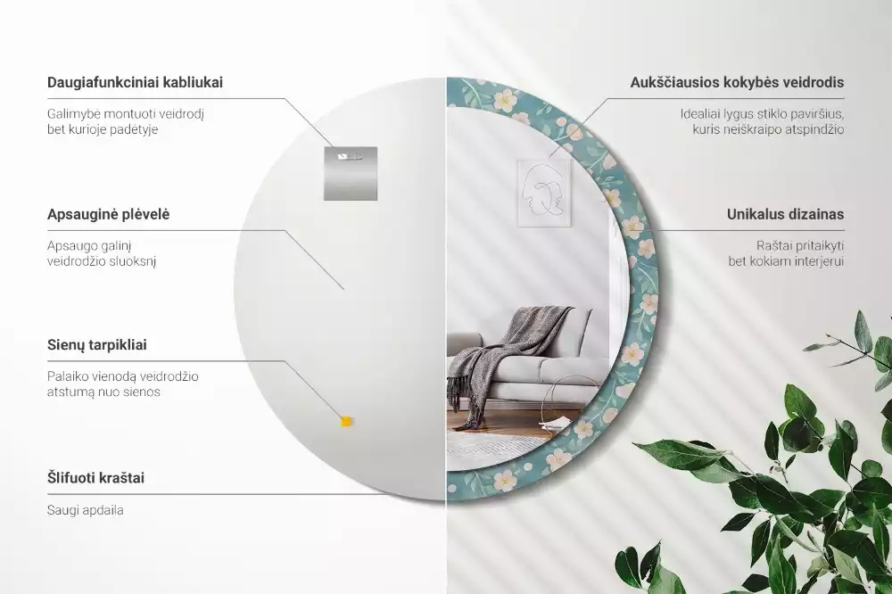 Lustro w ramie z nadrukiem o okrągłym kształcie z kwiatowym wzorem