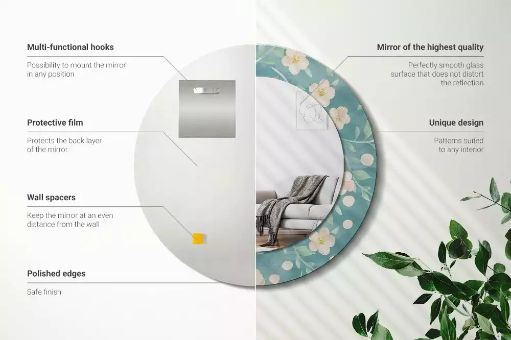 Lustro w ramie z nadrukiem o okrągłym kształcie z kwiatowym wzorem