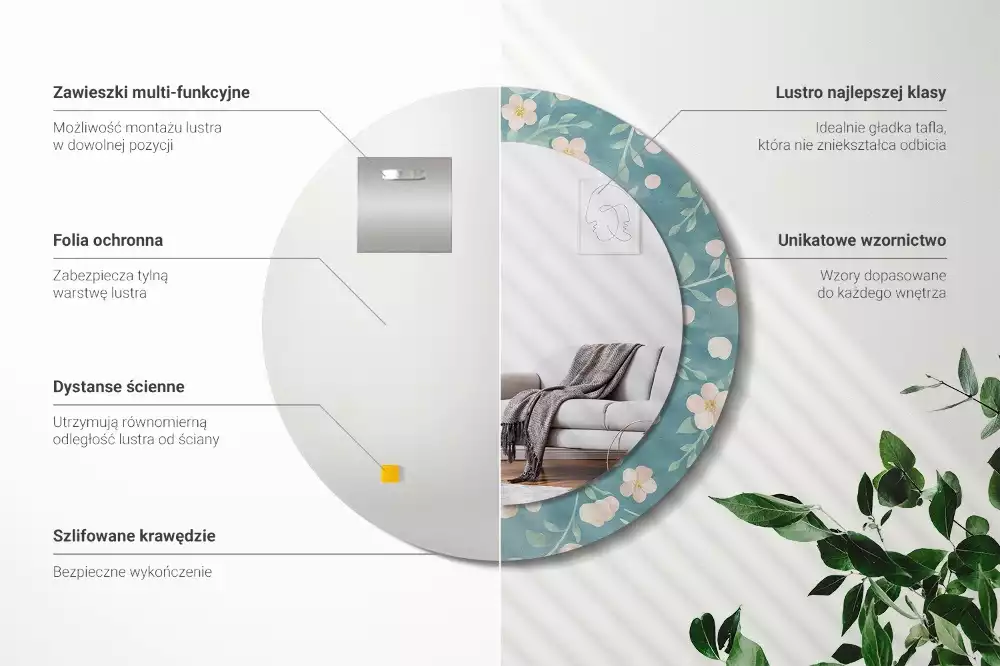 Lustro w ramie z nadrukiem o okrągłym kształcie z kwiatowym wzorem