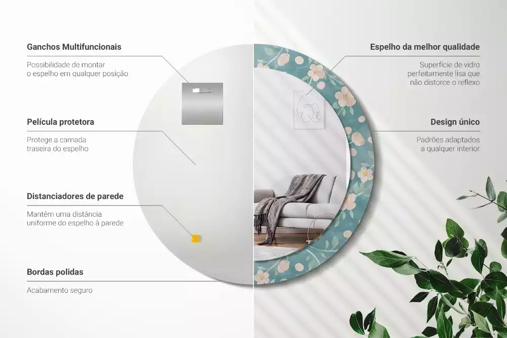 Lustro w ramie z nadrukiem o okrągłym kształcie z kwiatowym wzorem