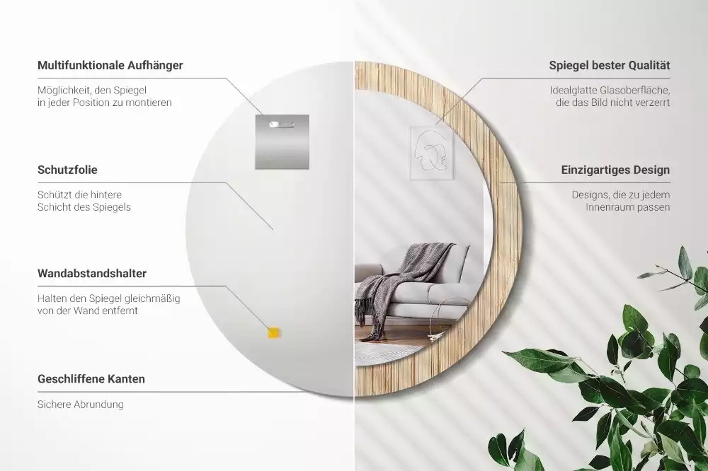 Lustro okrągłe z drukowaną ramką w motywie bambusa w kolorze słomy