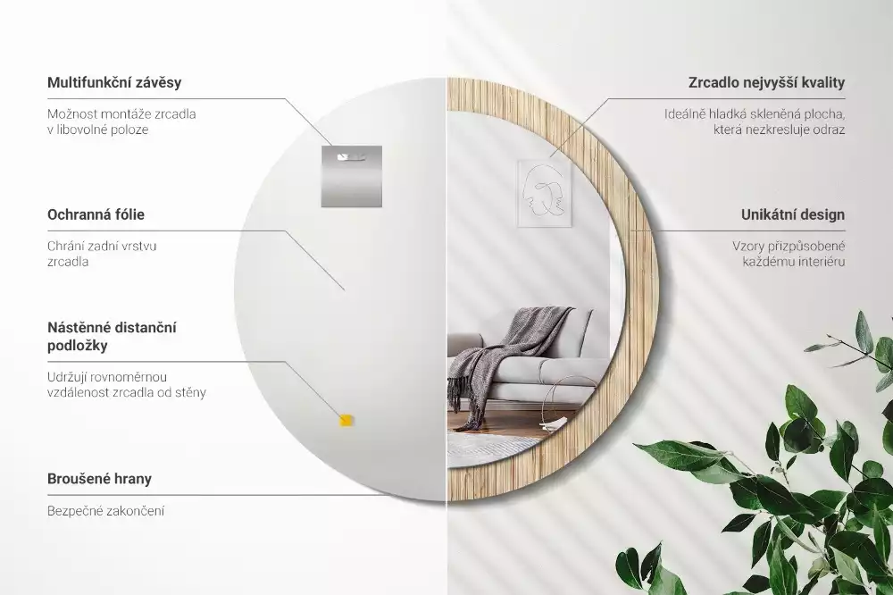 Lustro okrągłe z drukowaną ramką w motywie bambusa w kolorze słomy