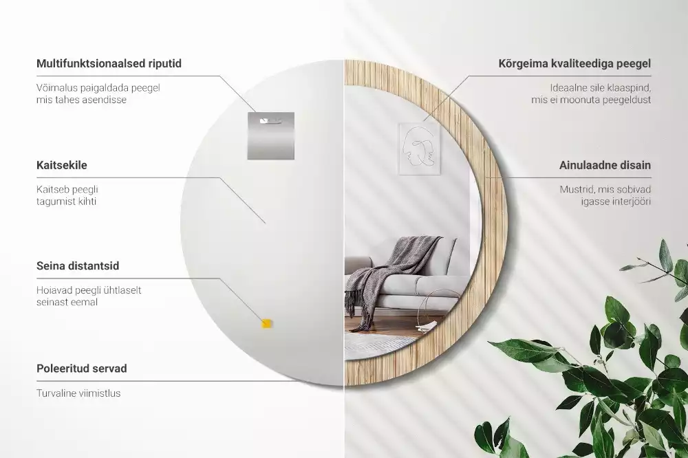 Lustro okrągłe z drukowaną ramką w motywie bambusa w kolorze słomy