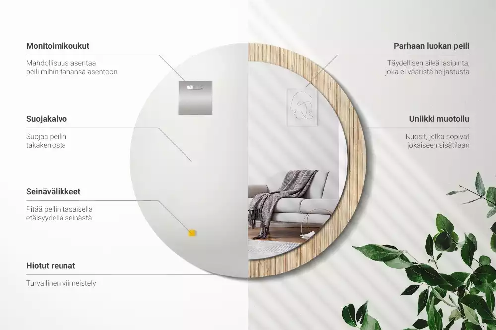 Lustro okrągłe z drukowaną ramką w motywie bambusa w kolorze słomy